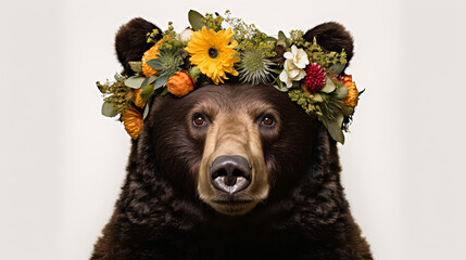 Wall Mural - black bear in the woods,  a black bear wearing flower wreath on his head, generative ai