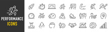 Performance Web Icons In Line Style. Speed, Improvements, Charts, Boost, Power, Collection. Vector Illustration.