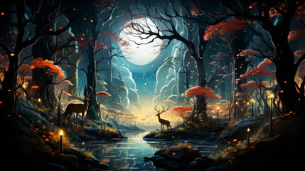 Wall Mural - magic of the world, a magical forest full of mushrooms and creatures with moon in background, generative ai