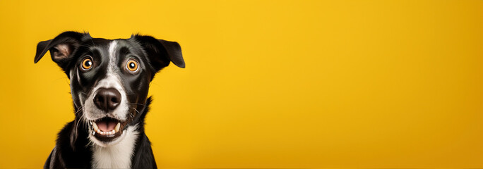 Wall Mural - Dog looking surprised, reacting amazed, impressed, standing over yellow background