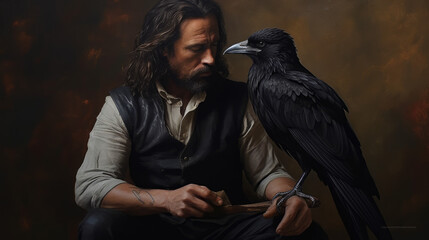 Poster - portrait of a person with a bird, man and his raven, generative ai