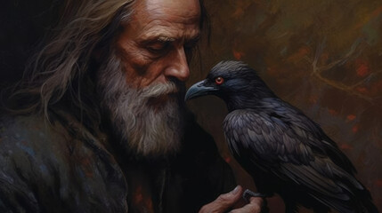 Poster - portrait of a person with a bird, man and his raven, generative ai