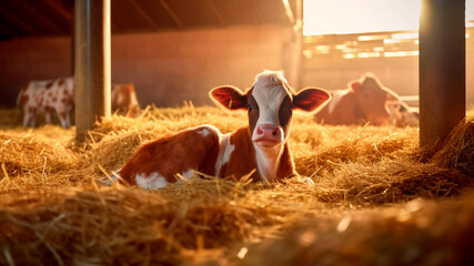 A charming calf calf is lying on the straw in the stable at farm. Generative AI