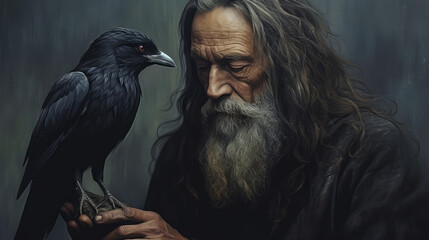 Wall Mural - portrait of a person with a bird, man and his raven, generative ai