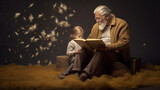 portrait of a person in a room, eldery man read a fairytale to child, generative ai