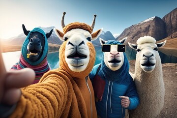 Wall Mural - Group of alpaca in the mountains