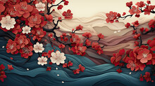 Japanese Pattern Background, Oriental Nature Pattern With Sea Waves In Vintage Style. Floral Elements Of Cherry Blossoms