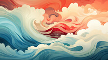 Japanese Style Background Drawing, Oriental Natural Pattern With Sea Waves In Vintage Style.