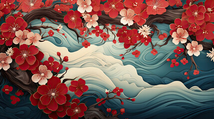 Japanese pattern background, oriental nature pattern with sea waves in vintage style. floral elements of cherry blossoms