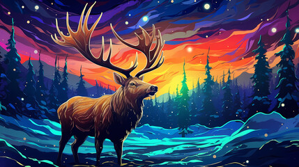 Wall Mural - hand drawn cartoon illustration of an elk in winter field