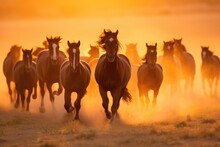 A Herd Of Wild Horses Gallops Freely Across A Prairie, Dust Rising In Their Wake Under The Setting Sun. Generative AI