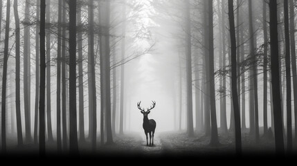 Wall Mural - misty morning in the forest, deer in misty foggy forest, generative ai