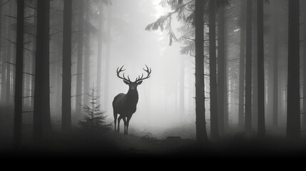 Wall Mural - misty morning in the forest, deer in misty foggy forest, generative ai