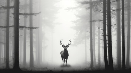 Wall Mural - misty morning in the forest, deer in misty foggy forest, generative ai