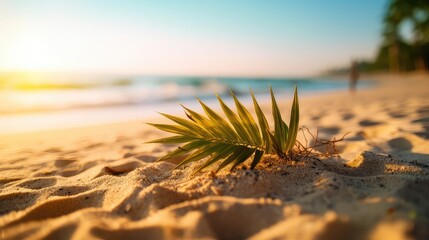Wall Mural - pine leaves on the beach real tropical vibe background water and the sandy beach perfect golden hours relaxing sunny day at the beach ocean coastline 