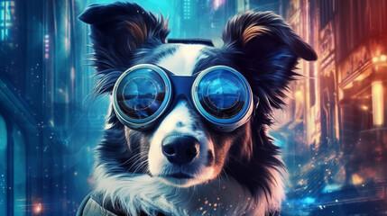 Poster - portrait of a dog in the night, border collie in goggles, generative ai