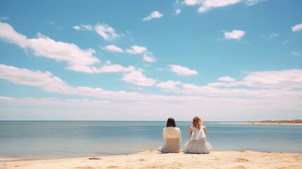 two women and friend setting on the beach watching the ocean on a perfect summer vacation enjoying great beach day with bright sunny and clear sky and blue ocean at the background