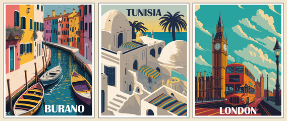 set of travel destination posters in retro style. tunisia, london, england, burano italy prints. int