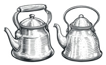 Traditional Stainless Steel Retro Teapot With Handle. Hand Drawn Sketch Vintage Vector Illustration