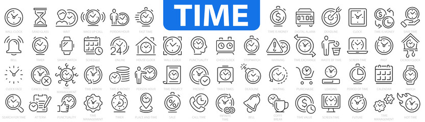 Poster - clock icon. time icon. 60 icon set time & clock. simple set of time related vector line icons. time 