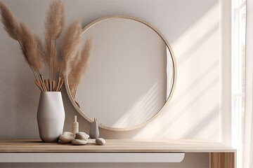 White table for placing products with a mirror on the wall