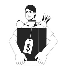 Wall Mural - Man holds packet with goods flat line black white vector character. Editable outline half body man with purchases on white. Shopping simple cartoon isolated spot illustration for web graphic design