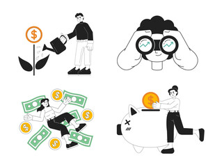Poster - Young investors monochromatic flat vector characters pack. Editable thin line body investing characters on white. Simple bw cartoon spot images set for web graphic design