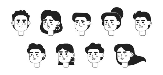 Poster - Young investors monochrome flat linear character heads bundle. Happy productive people. Editable outline people icons. Line users faces. 2D cartoon spot vector avatar illustration pack for animation