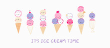 Cute Cartoon Ice Cream Character In Dooodle Style. Vector Illustration