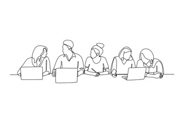 Single one line drawing working together, discussing business. Meeting of colleagues. Coworking, teamwork concept. Continuous line draw design graphic vector illustration.