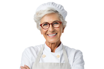 A middle aged female chef smiling