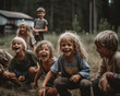 © ADDICTIVE STOCK - Generative AI illustration of happy kids crouching on dry grassy ground in countryside near trees while playing together during summer holidays
