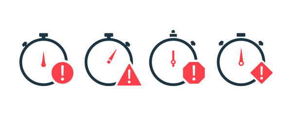 set of time with exclamation mark vector icons. expiry time. deadline or expired clock. vector 10 ep