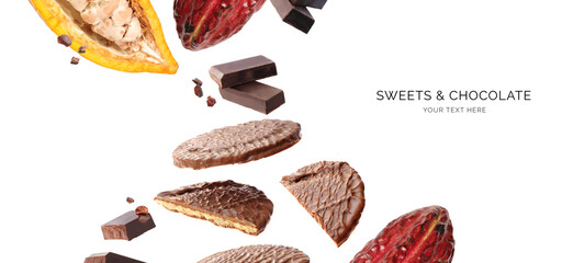Creative layout made of chocolate stroopwafel, chocolate bar and cacao fruit on white background. Flat lay. Food concept. Macro  concept.