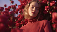 Generative AI Image Of Portrait Of Young Female Blonde Looking At Camera While Standing Near Fresh Red Blooming Rose Flowers Against Blurred Blue Sky