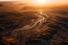 Generative AI Illustration Of Drone View Of Picturesque Landscape With River Flowing Through Sandy Terrain Against Bright Sunset Sky