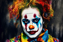 Generative AI Illustration Of Sad Male Clown With Painted Face In Colorful Clothes And Hair Looking At Camera Against Gray Background