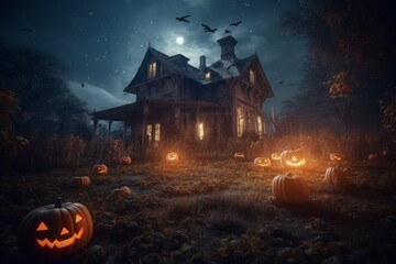 Wall Mural - Night horror house lights. Generate Ai