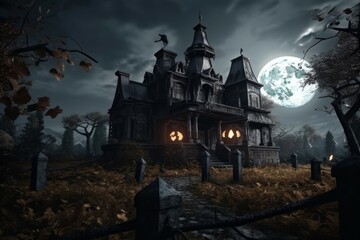 Wall Mural - Night horror house cemetery. Generate Ai