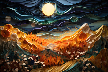 Autumn landscape, layered paper art, starry sky with moon, forest and mountains, 3d paper cut illustration, abstract background created with generative AI