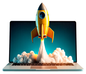Digital illustration of laptop and rocket, PNG transparent background. Generative AI	