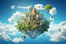 Floating Mini World, Planet Earth With Tiny Houses With Tiny Trees. AI Generative