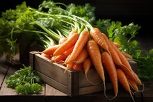Ripe Carrots In A Wooden Box. Generative AI