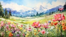 Alpine Meadows Awaken With The Arrival Of Spring. A Carpet Of Blooming Wildflowers Painting The Landscape With A Riot Of Colors And Fragrances. Watercolor Painting. Generative AI