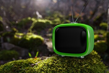 Poster - Retro old-fashioned colored TV in forest