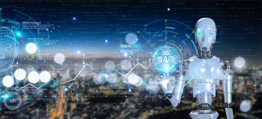 Aufkleber - Humanoid robot presses the button on the digital screen. Future concept. Robot cybernetic organism works with a virtual HUD interface in augmented reality.