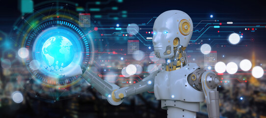Aufkleber - Humanoid robot presses the button on the digital screen. Future concept. Robot cybernetic organism works with a virtual HUD interface in augmented reality.