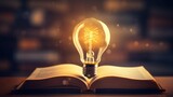Fototapeta Do akwarium - Glowing light bulb on open book, education and knowledge