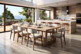 Fototapeta  - Stylish kitchen interior with wooden table and chairs, Stylish kitchen interior, Scandinavian dining room.