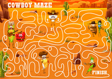 Labyrinth Maze Game Cartoon Cowboy, Sheriff And Bandit Vegetable Characters. Kids Vector Worksheet With Corn, Mushroom, Bell Pepper And Radish. Potato, Asparagus And Bean In Texas Desert With Cacti